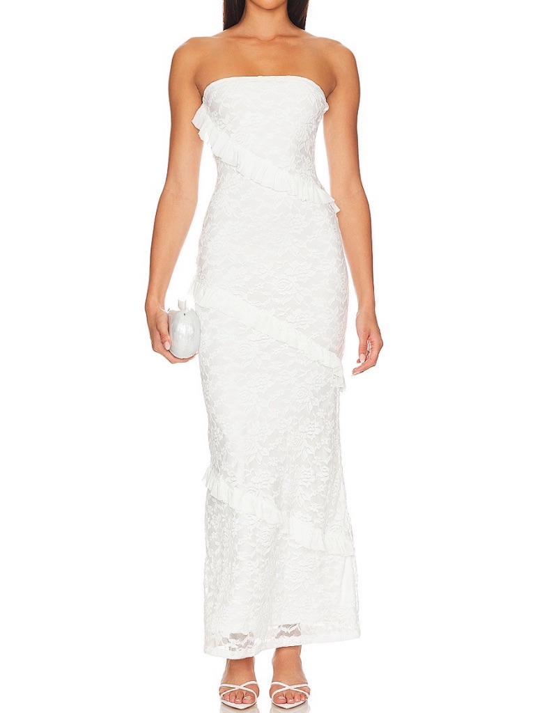 Strapless White Lace Ruffle Maxi Dress